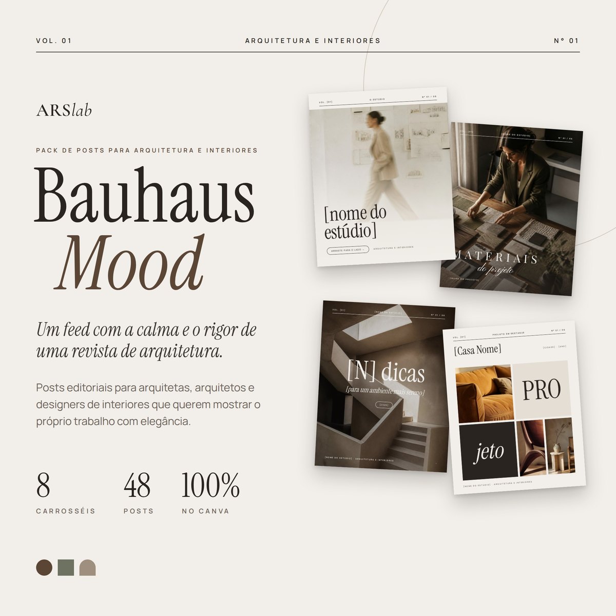 Mockup do pack Bauhaus Mood com posts editoriais de arquitetura em tons de travertino e nogueira