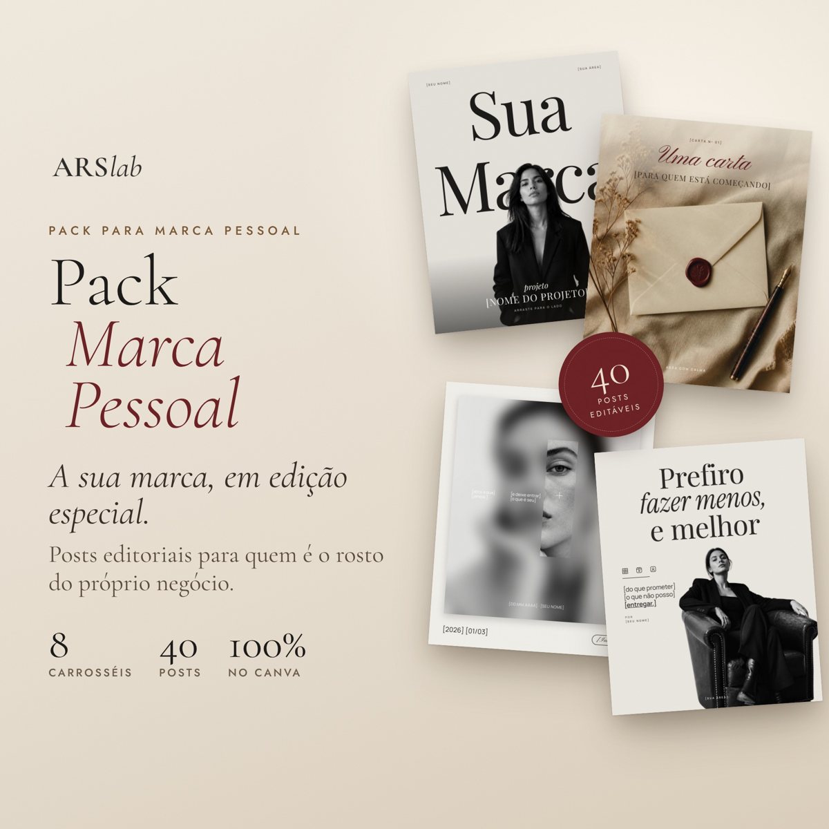Mockup do Pack Marca Pessoal com posts editoriais em preto e branco e bordô