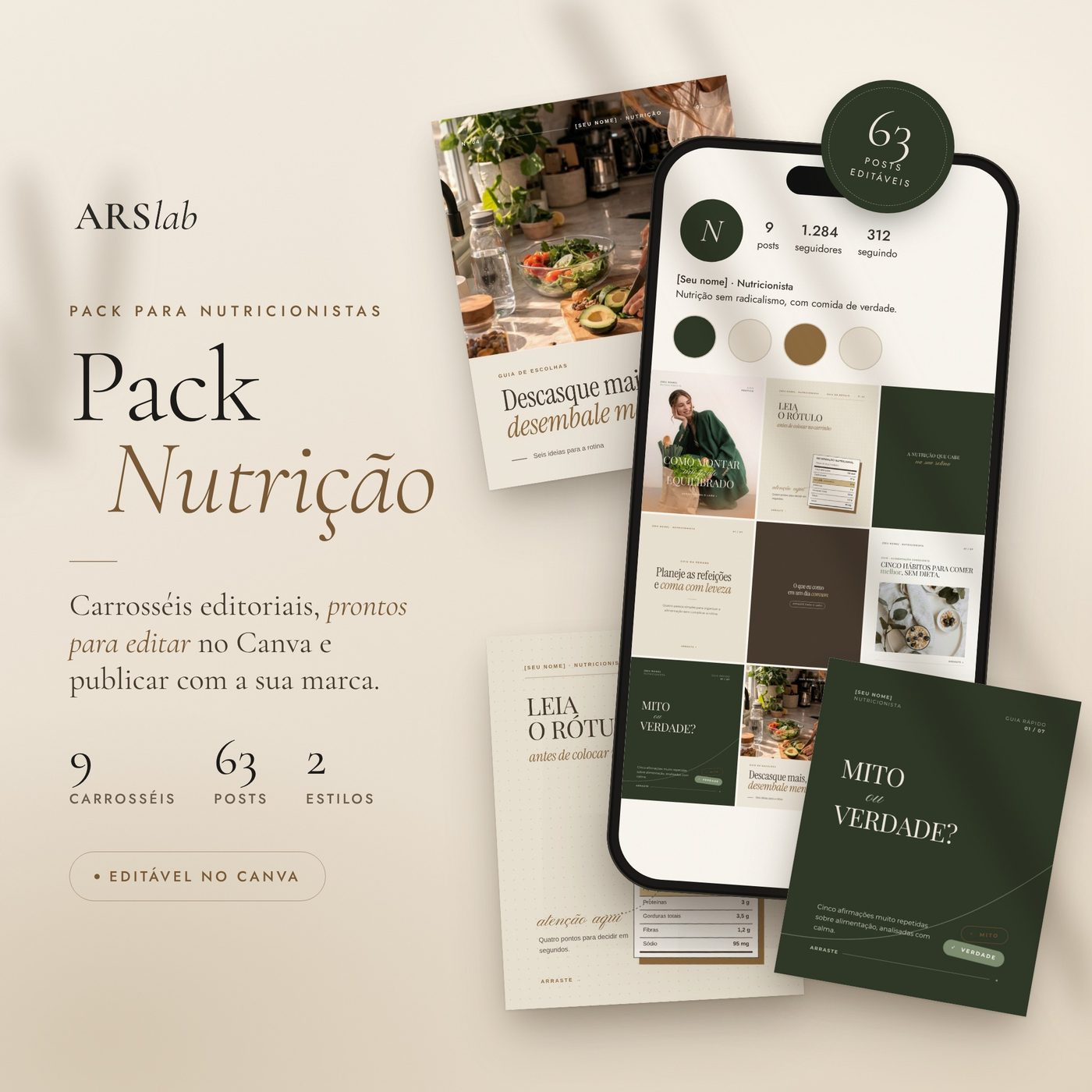 Mockup do Pack Nutrição com celular mostrando o feed e posts espalhados